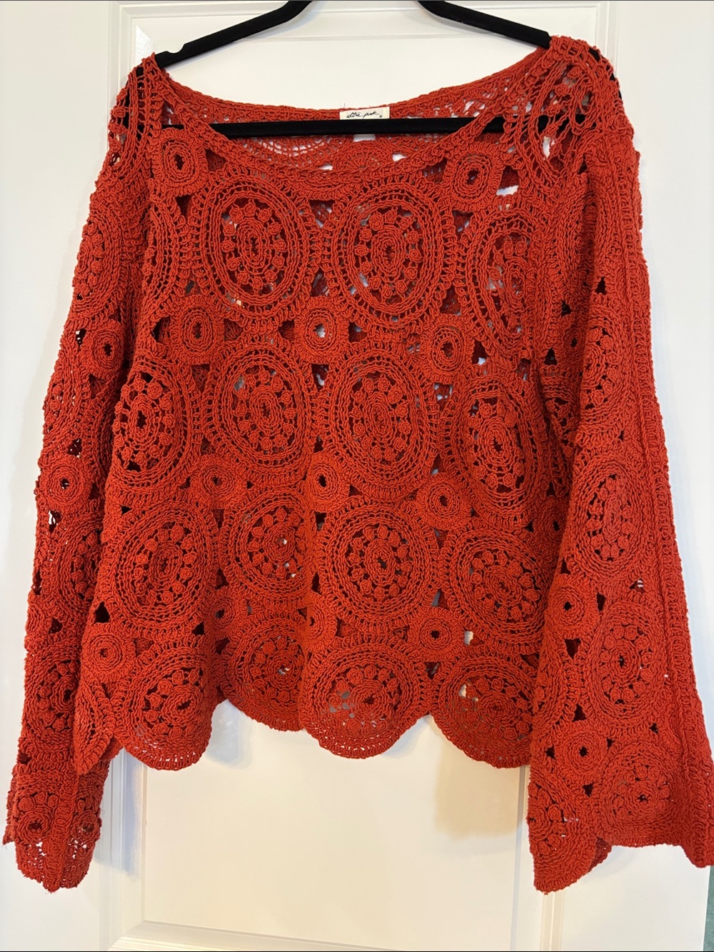 Ultra Pink Rust Red Crochet Openwork Scoop Neck Sweater